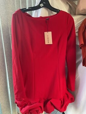 SHEIN Red Long Sleeve Ruffle Hem Dress